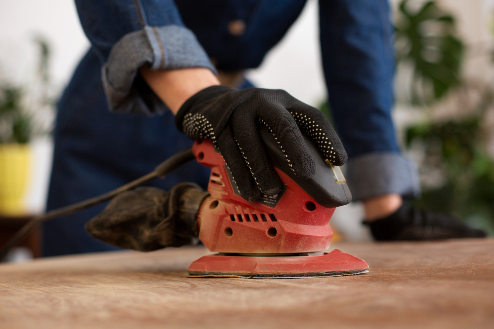 A gloved hand uses a red orbital sander on a wooden surface.