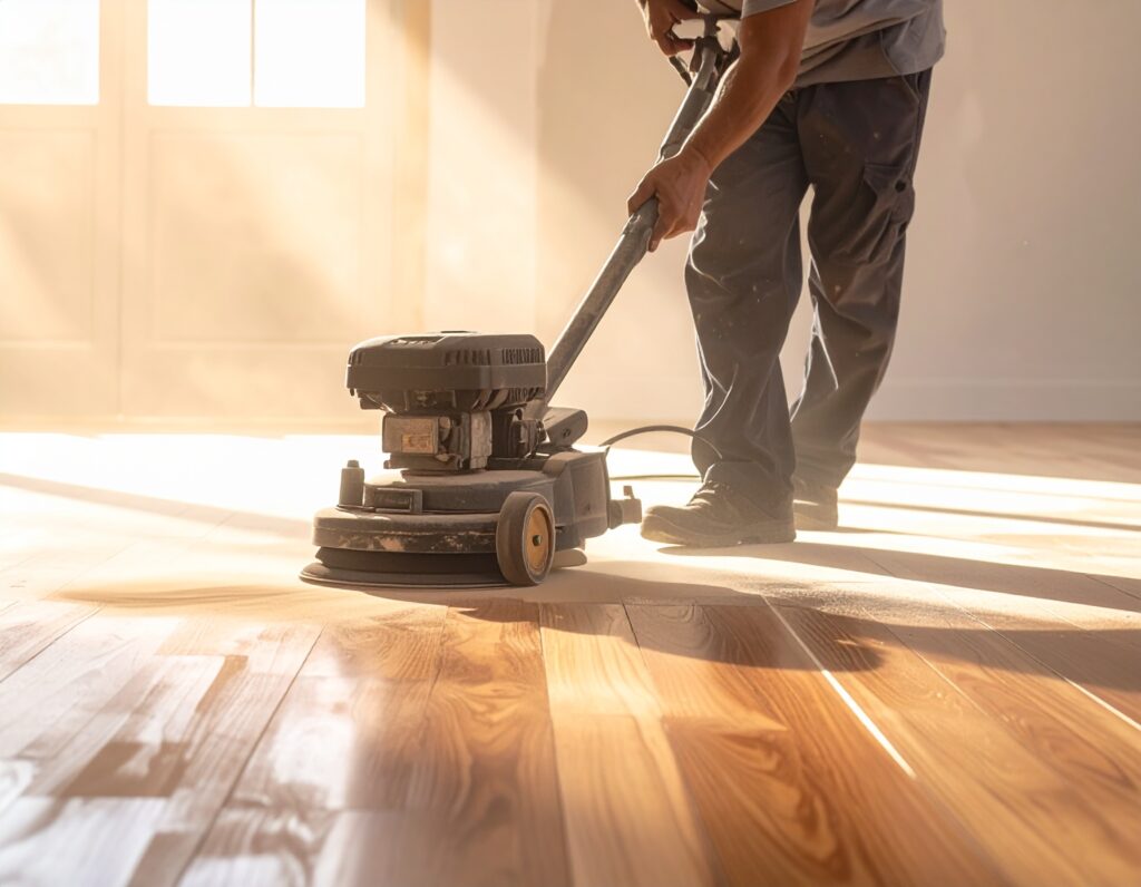 A contractor sanding a wooden floor with a large machine.