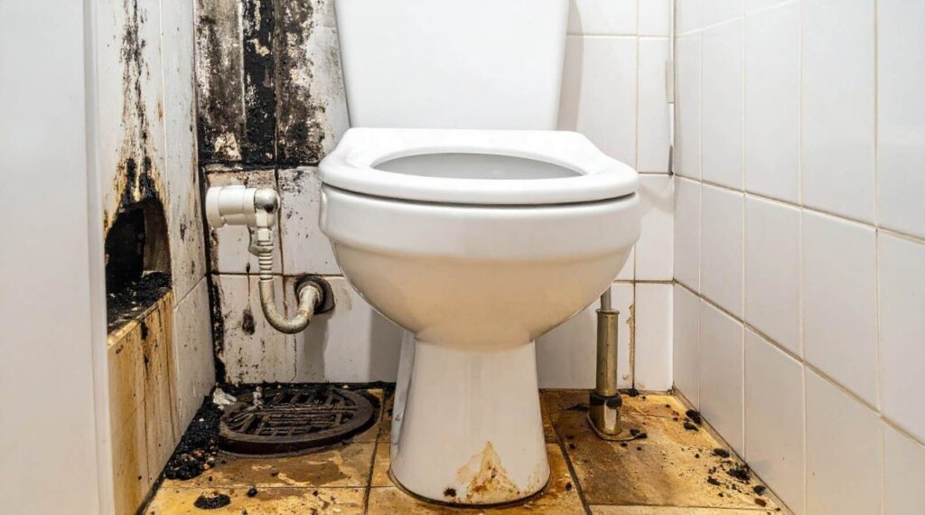 White Toilet Surrounded by black mold rust