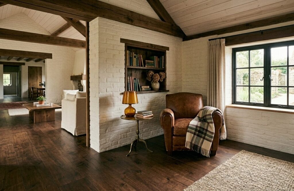 Rustic living room with exposed dark wood ceiling beams and painted white brick walls.