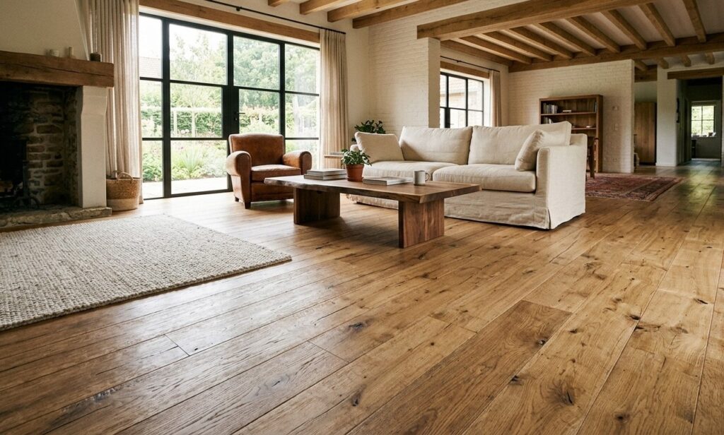 Spacious modern living room with wide-plank hardwood flooring and exposed wooden ceiling beams.