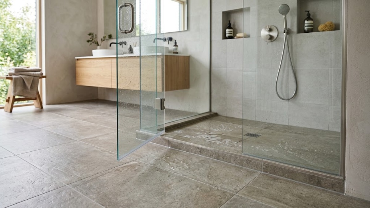 ceramic tile flooring prominently visible around a glass-enclosed walk-in shower